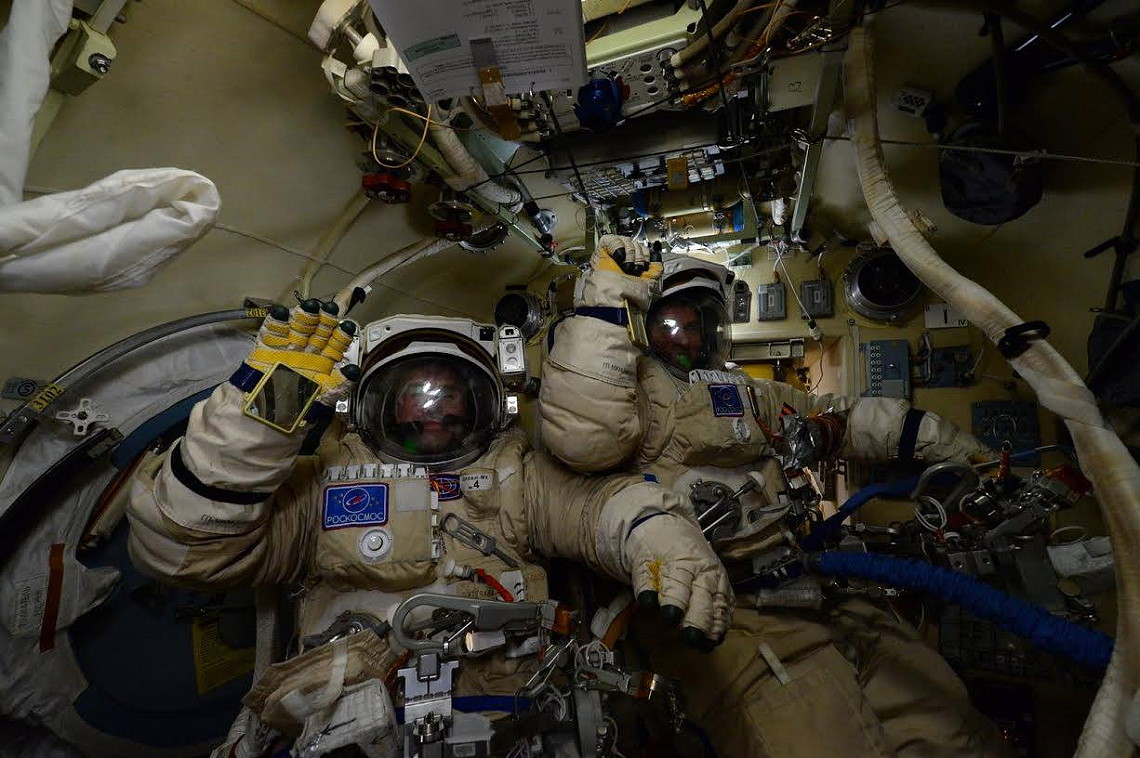 EVA cosmonauts in Pirs airlock